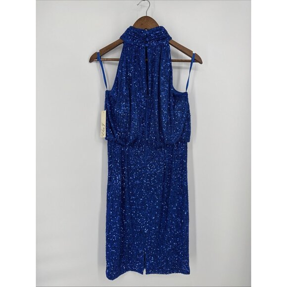 Eliza J Size 6 Blue Sequined Sleeveless Mock Neck Blouson Cocktail Midi Dress - Picture 6 of 10